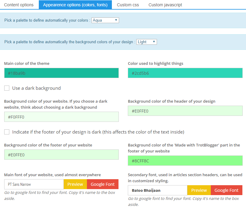 Appearance settings example
